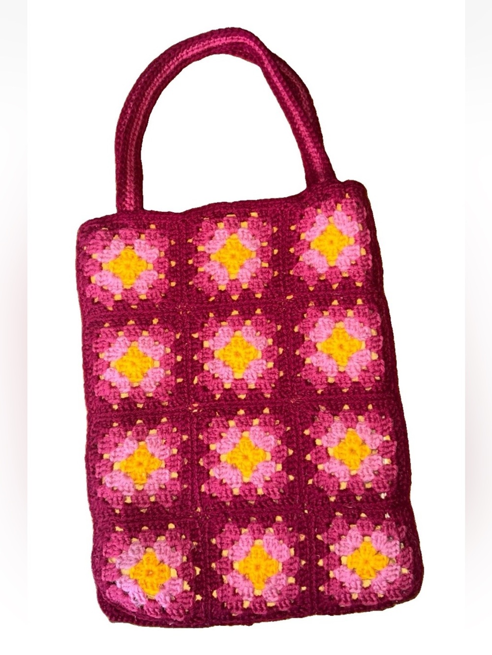 HANDMADE Crocheted Granny Square Lined Shoulder Bag Boho Retro Style 14”X10.5”